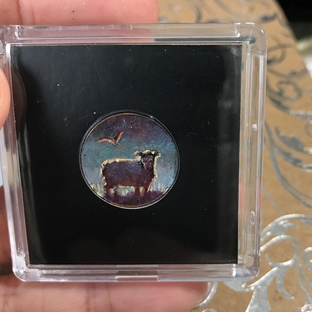 Original sheep oil painting landscape Ooak collectible penny painting Artettina